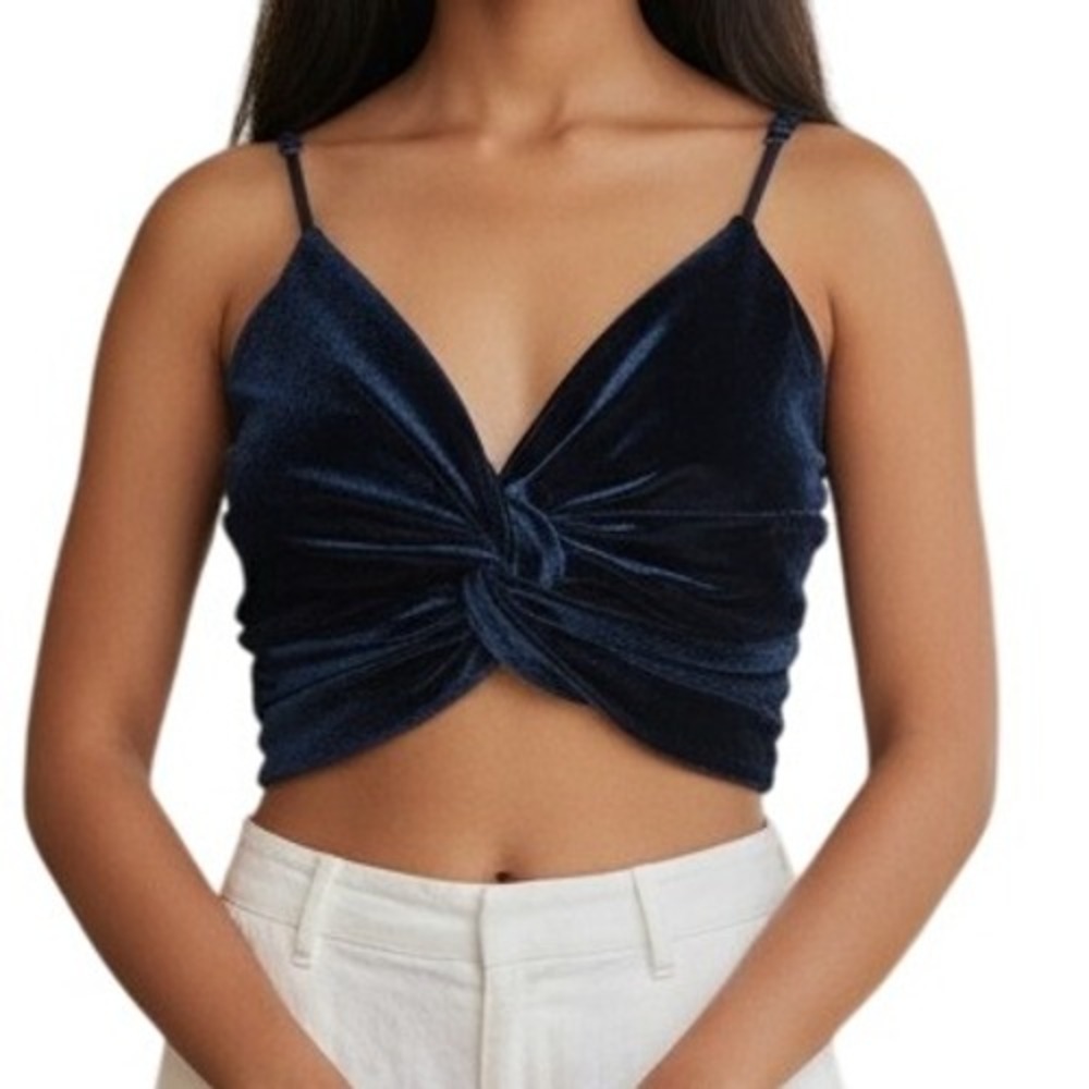 LUCY IN THE SKY Blue Velvet Spaghetti Strap Crop Top EUC Size Small